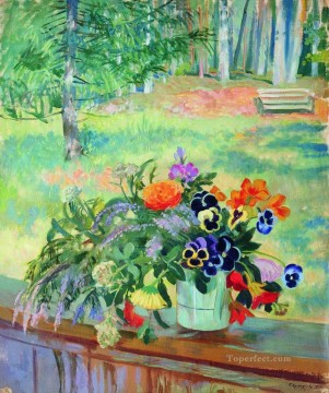 a bouquet of flowers on the balcony 1924 Boris Mikhailovich Kustodiev impressionism Oil Paintings